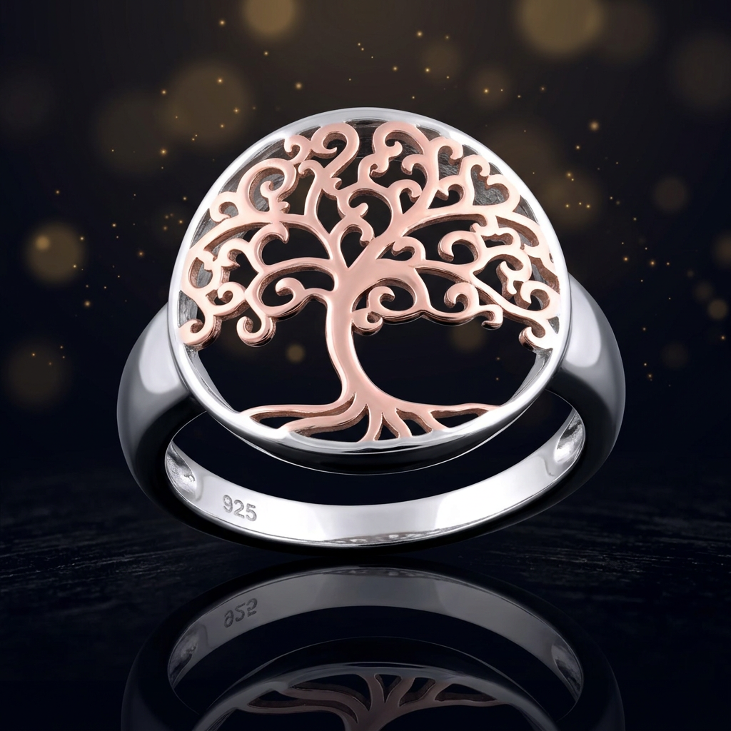 Rose Gold Plated Sterling Silver Two Tone Round Tree of Life Ring for Women life4