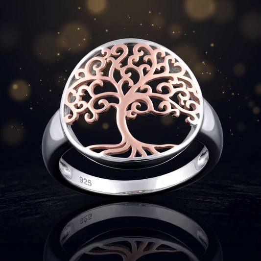 Rose Gold Plated Sterling Silver Two Tone Round Tree of Life Ring for Women life4