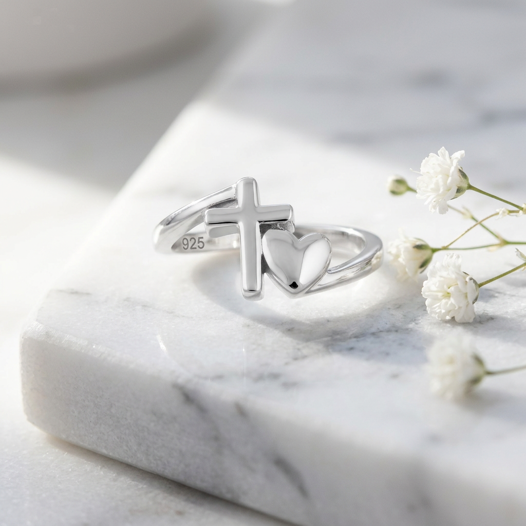 Sterling Silver 2.1mm Cross and Puffed Heart Bypass Faith Ring for Women life1