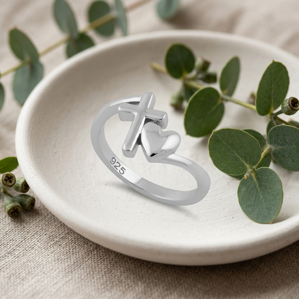 Sterling Silver 2.1mm Cross and Puffed Heart Bypass Faith Ring for Women life2