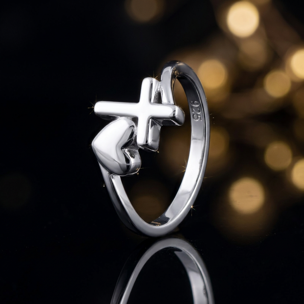 Sterling Silver 2.1mm Cross and Puffed Heart Bypass Faith Ring for Women life4