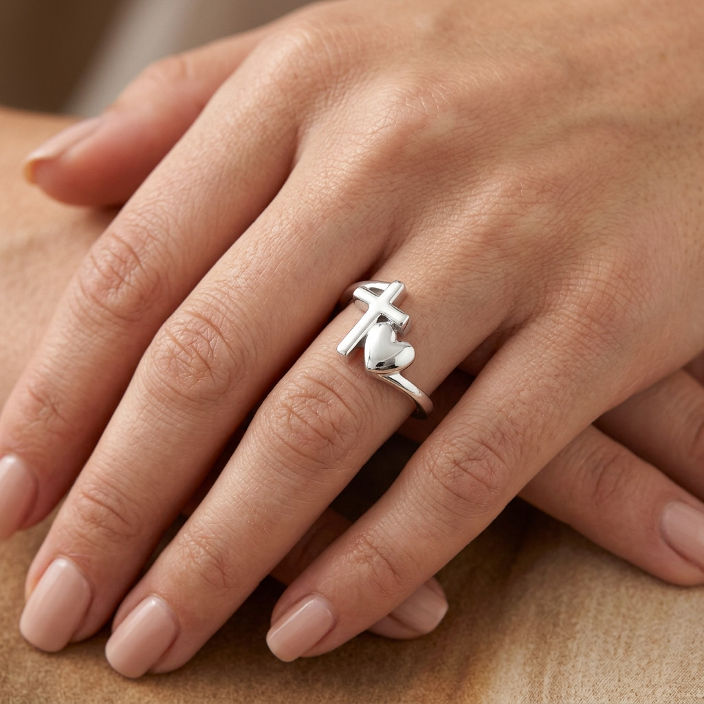Sterling Silver 2.1mm Cross and Puffed Heart Bypass Faith Ring for Women model