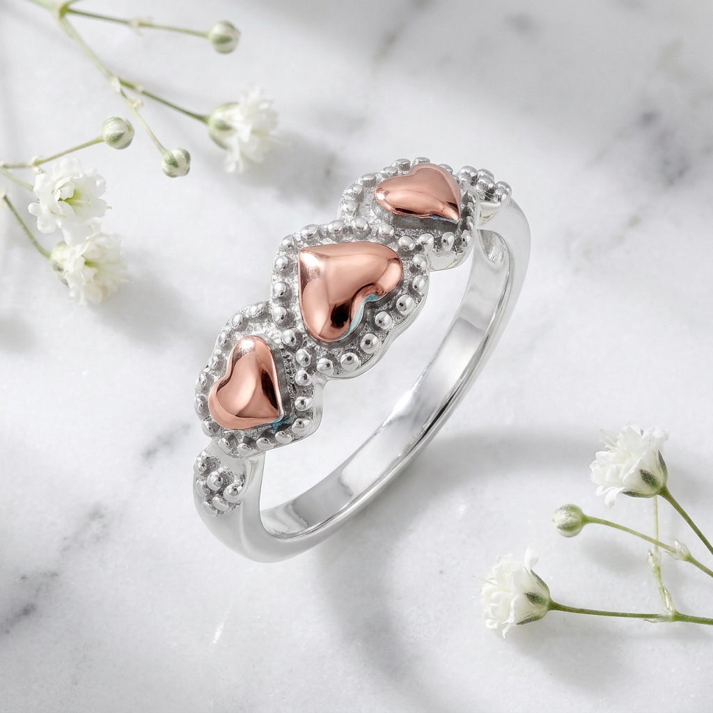 Rose Gold Plated Sterling Silver Two Tone Triple Heart Ring for Women life1