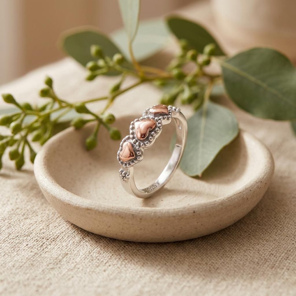 Rose Gold Plated Sterling Silver Two Tone Triple Heart Ring for Women life2
