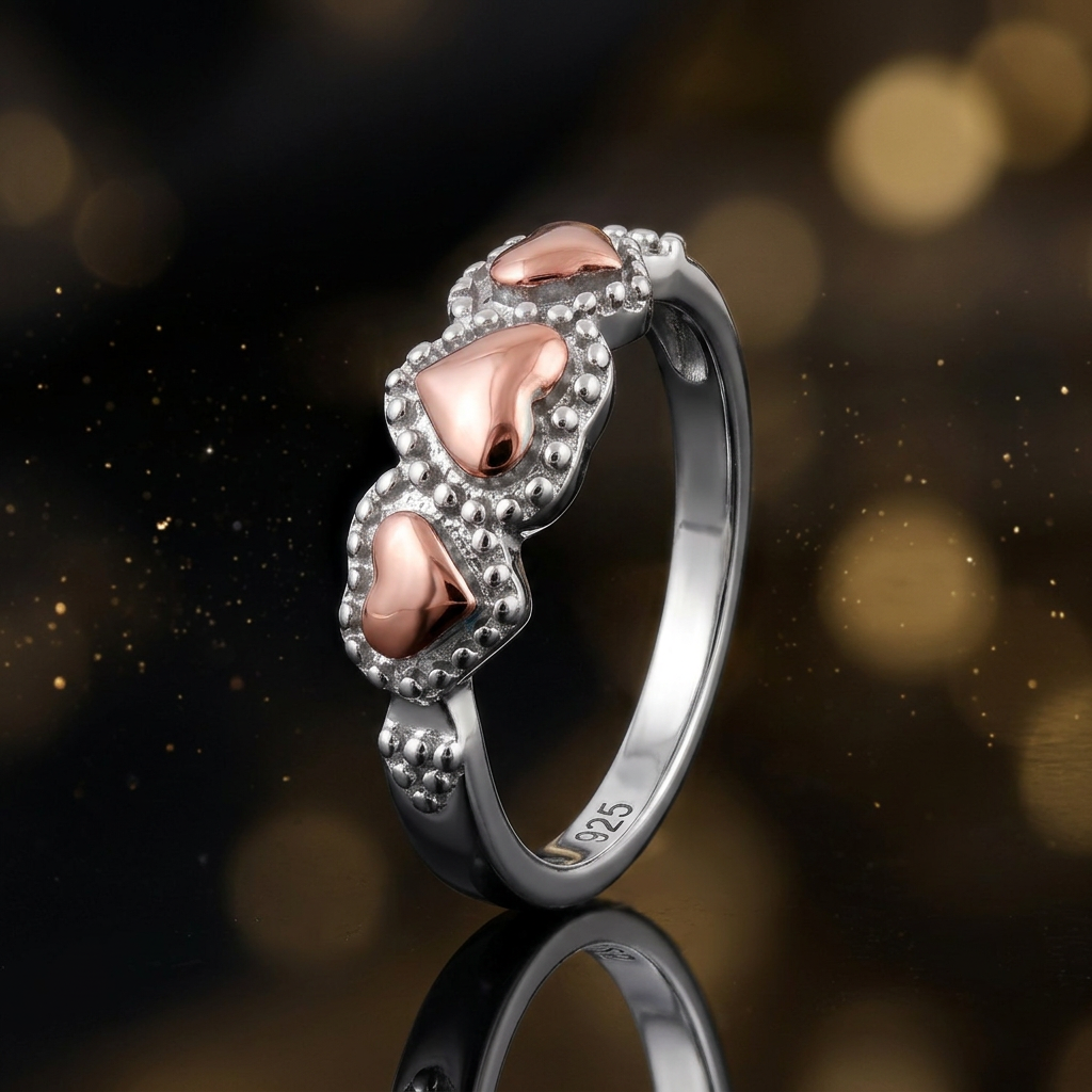 Rose Gold Plated Sterling Silver Two Tone Triple Heart Ring for Women life4