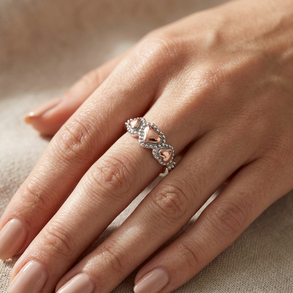 Rose Gold Plated Sterling Silver Two Tone Triple Heart Ring for Women model