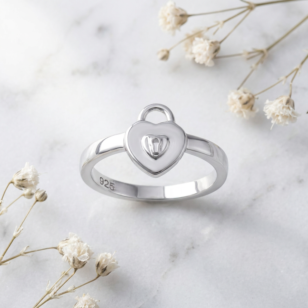 Sterling Silver Heart Padlock Keyhole Promise Ring for Women life1
