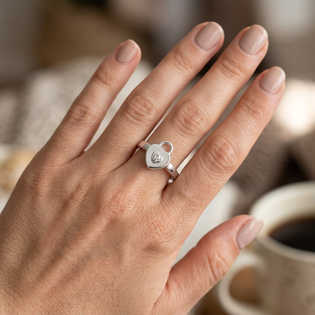 Sterling Silver Heart Padlock Keyhole Promise Ring for Women model