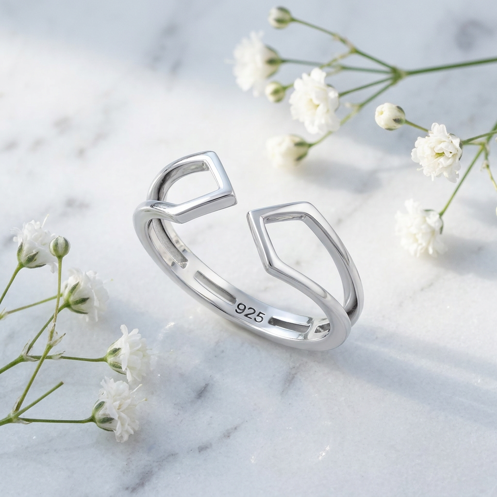 Sterling Silver 3.2mm Open Geometric Frame Cuff Ring for Women life1