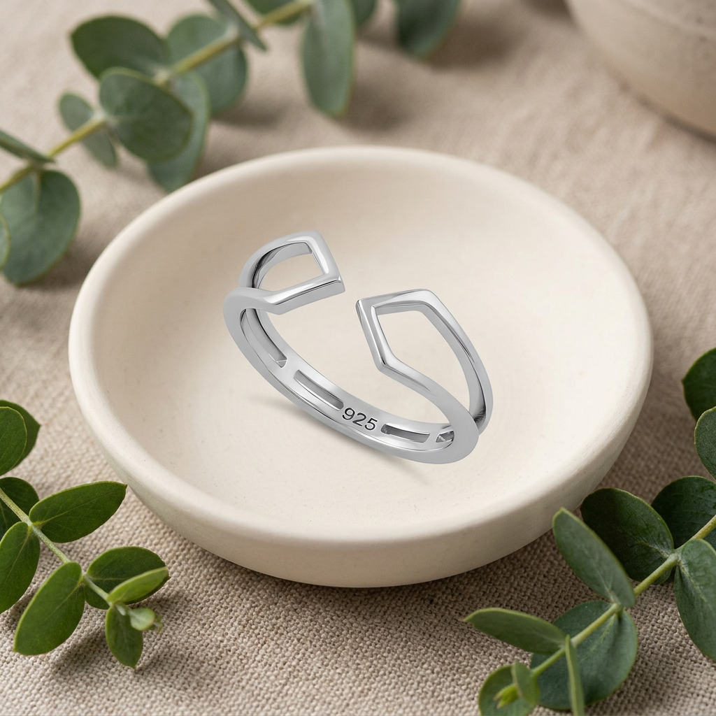 Sterling Silver 3.2mm Open Geometric Frame Cuff Ring for Women life2