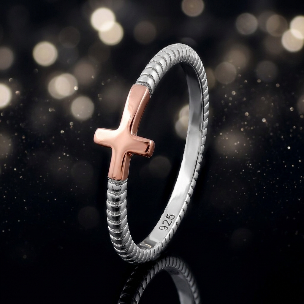 Two Tone Sterling Silver Sideways Cross Ring with Rose Gold Cross for Women life4
