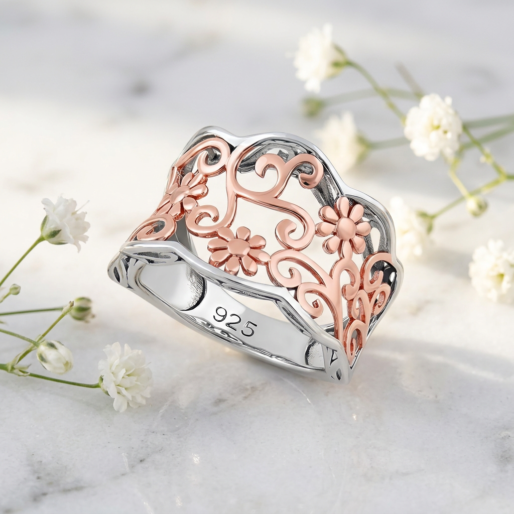 Rose Gold Plated Sterling Silver Two Tone Daisy Scroll Wide Ring for Women life1