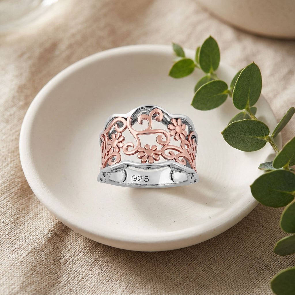 Rose Gold Plated Sterling Silver Two Tone Daisy Scroll Wide Ring for Women life2