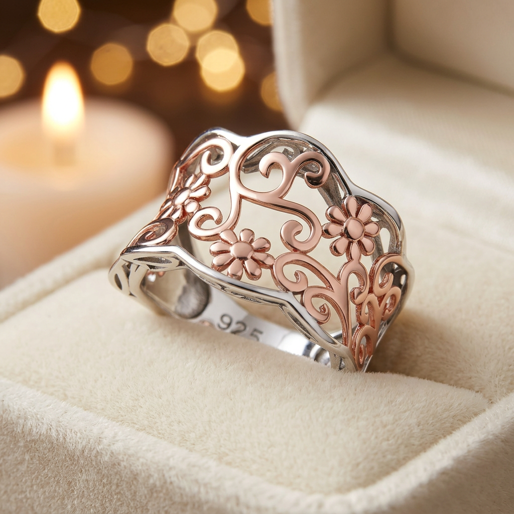 Rose Gold Plated Sterling Silver Two Tone Daisy Scroll Wide Ring for Women life3