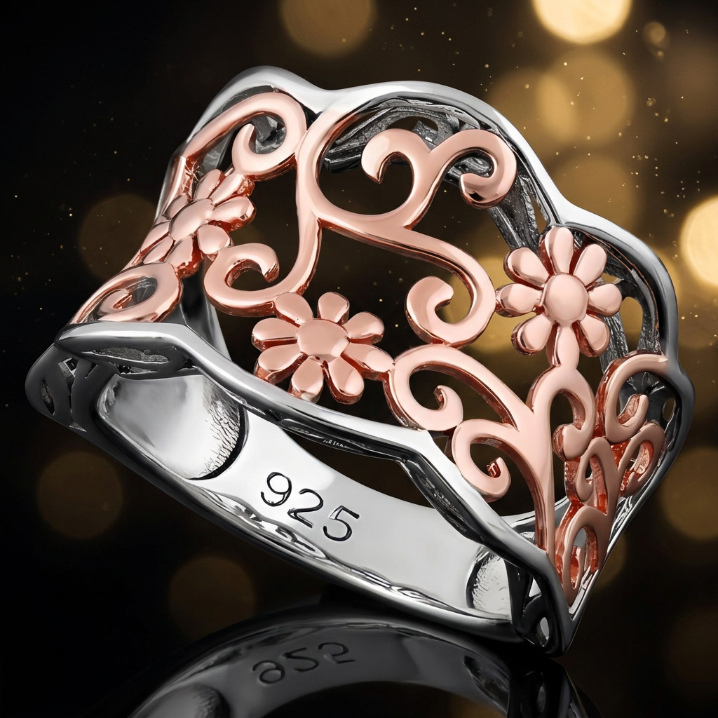 Rose Gold Plated Sterling Silver Two Tone Daisy Scroll Wide Ring for Women life4