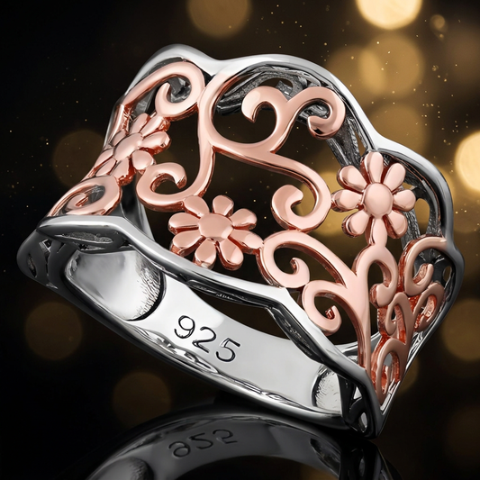 Rose Gold Plated Sterling Silver Two Tone Daisy Scroll Wide Ring for Women life4