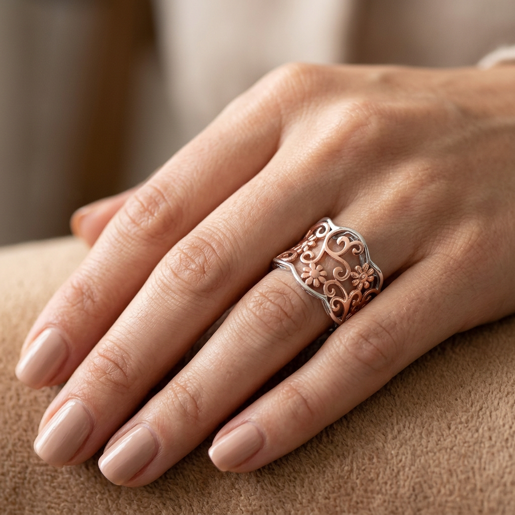 Rose Gold Plated Sterling Silver Two Tone Daisy Scroll Wide Ring for Women model