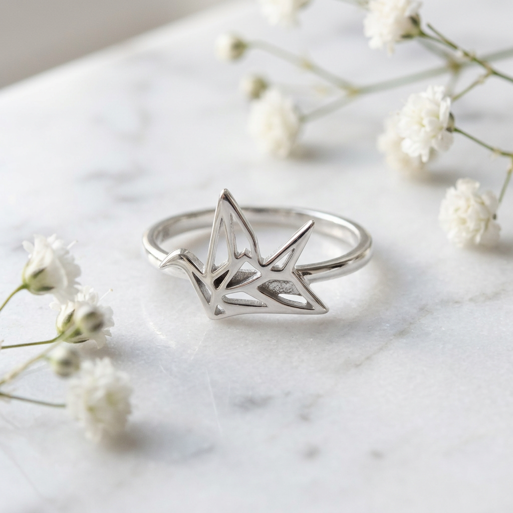 Sterling Silver 1.4mm Origami Paper Crane Bird Cut Out Ring for Women life1