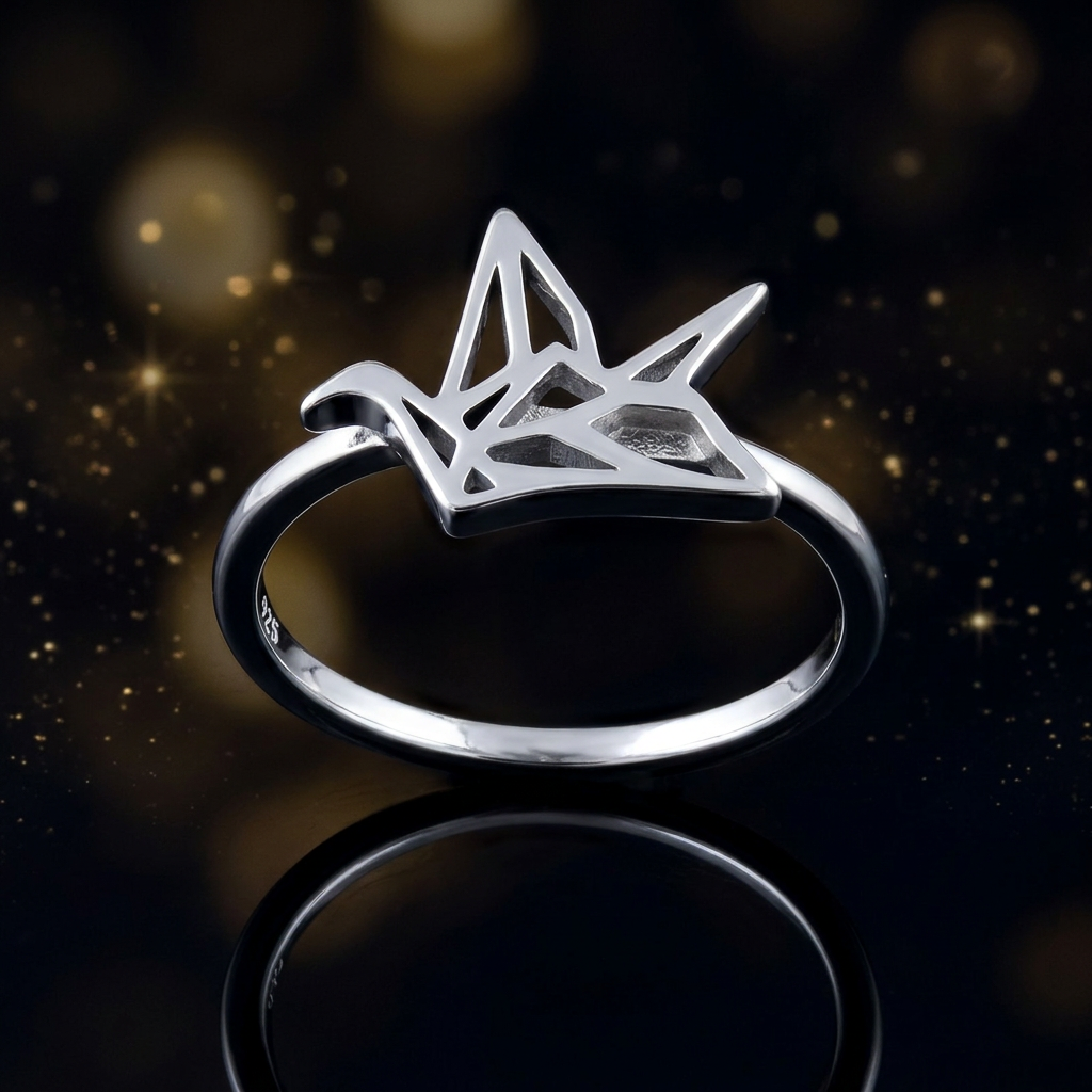 Sterling Silver 1.4mm Origami Paper Crane Bird Cut Out Ring for Women life4