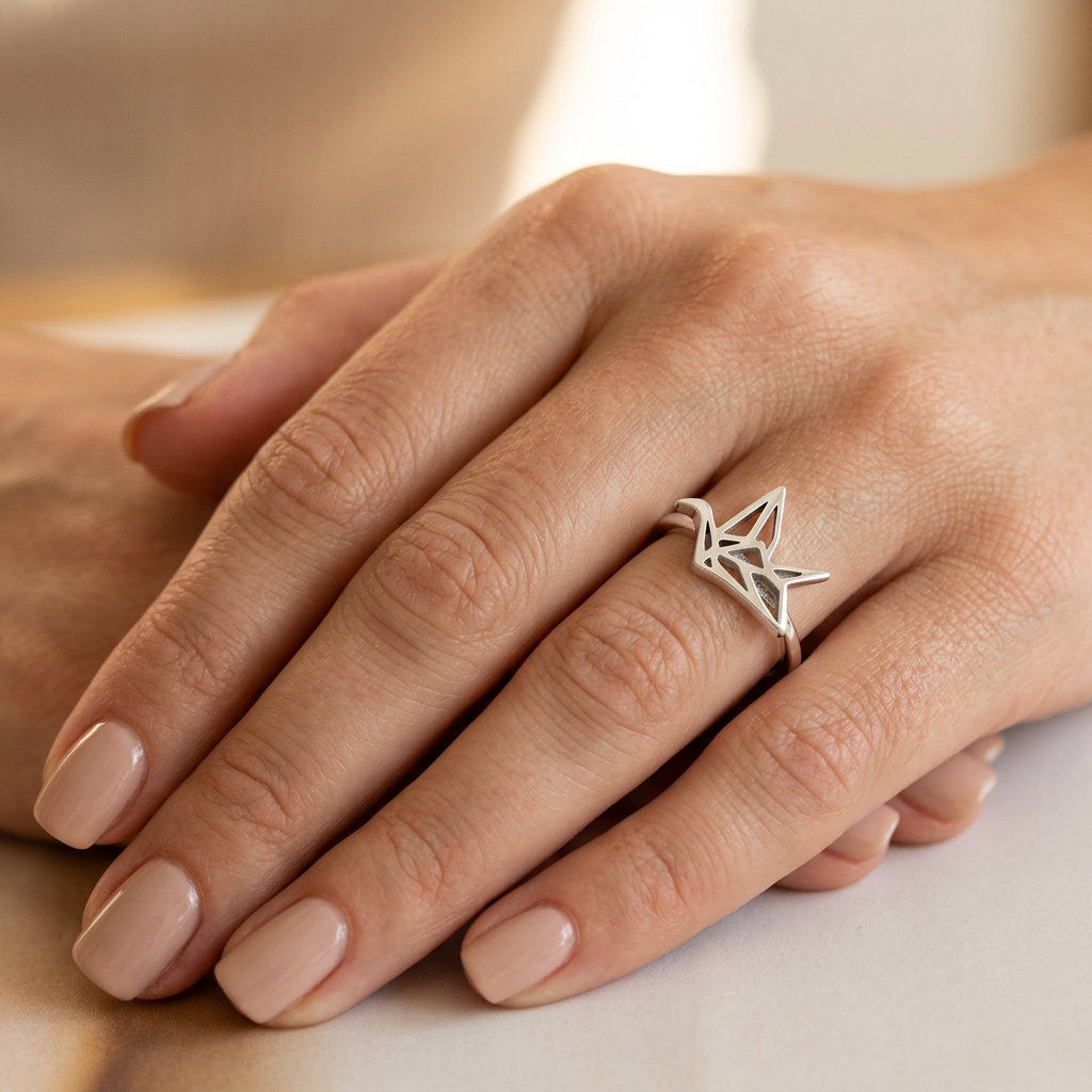 Sterling Silver 1.4mm Origami Paper Crane Bird Cut Out Ring for Women model