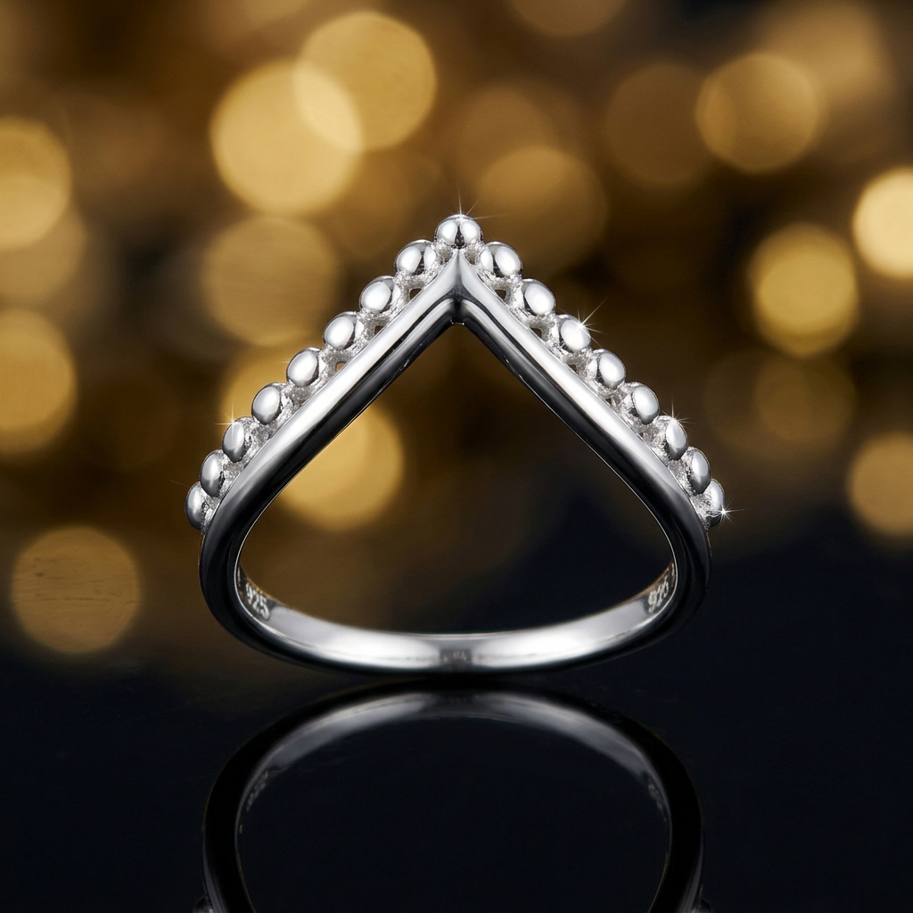 Sterling Silver Beaded Chevron V Shape Stacking Ring for Women life4