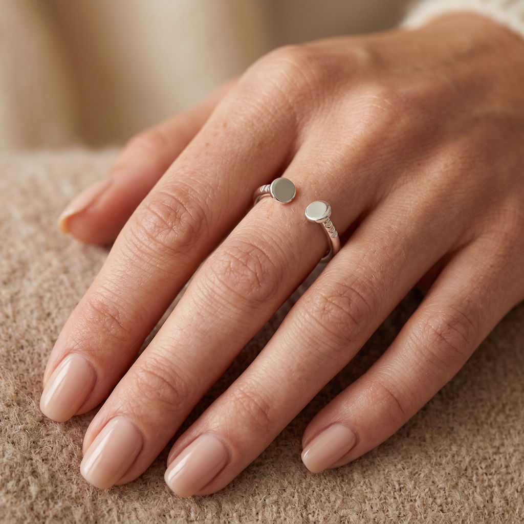 Sterling Silver Open Adjustable Double Nail Head Stacking Ring for Women model