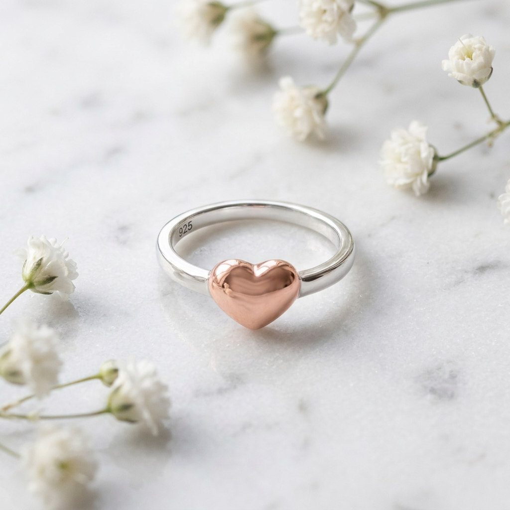 Rose Gold Plated Sterling Silver 2.1mm Two Tone Puffed Heart Ring for Women life1