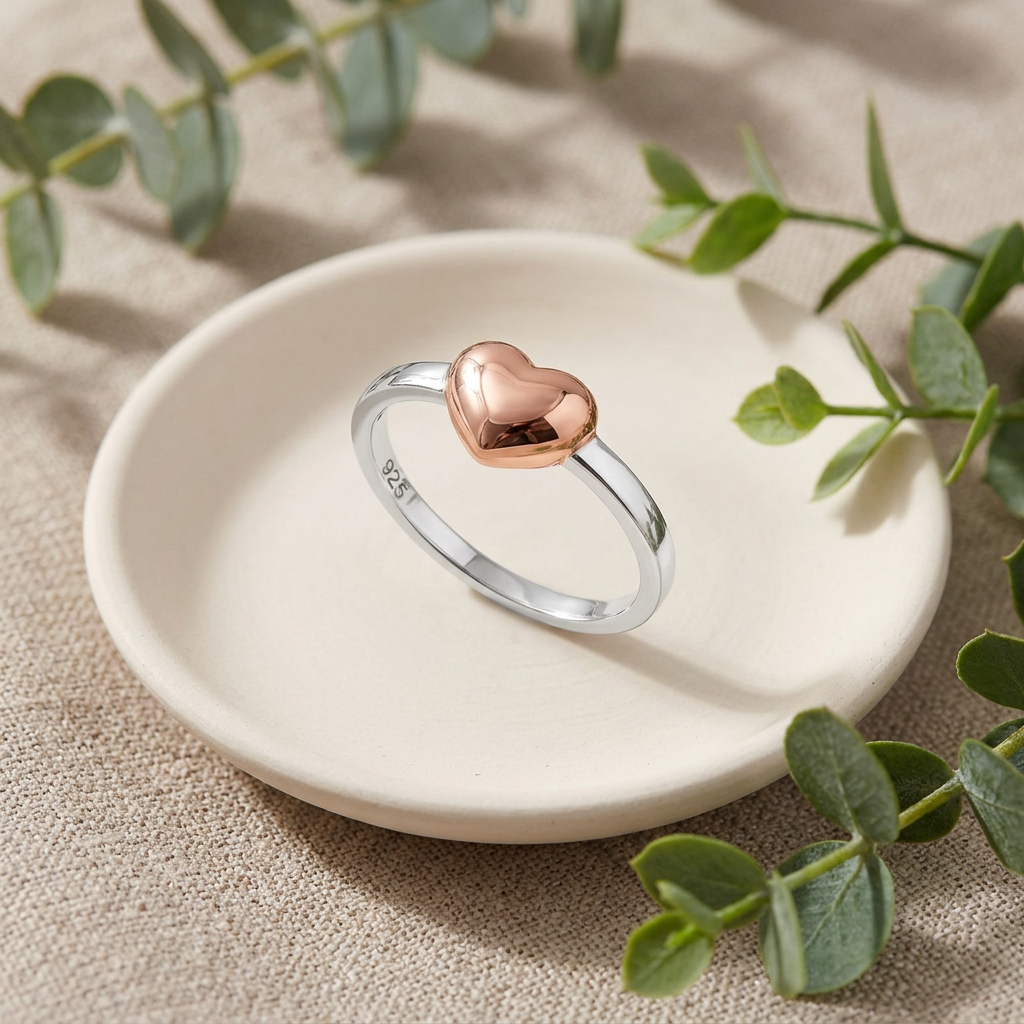Rose Gold Plated Sterling Silver 2.1mm Two Tone Puffed Heart Ring for Women life2