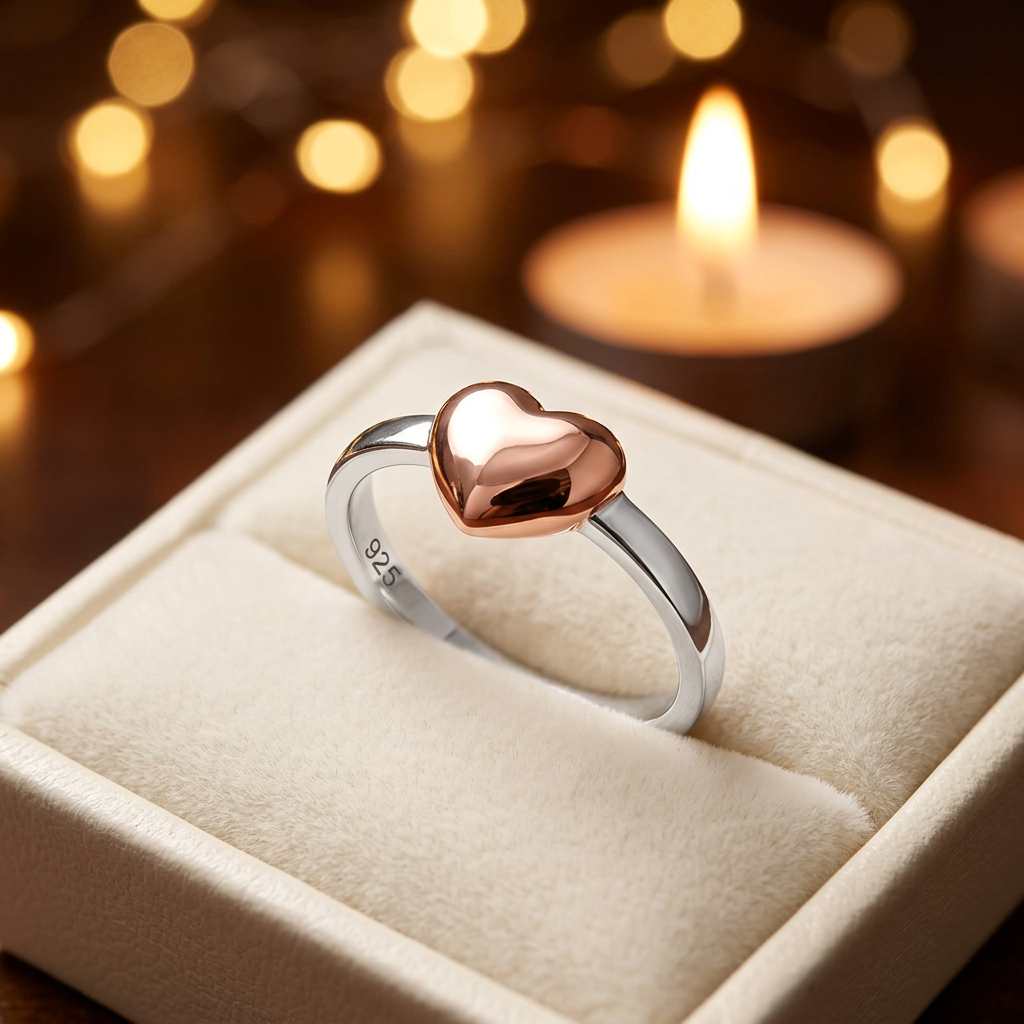 Rose Gold Plated Sterling Silver 2.1mm Two Tone Puffed Heart Ring for Women life3