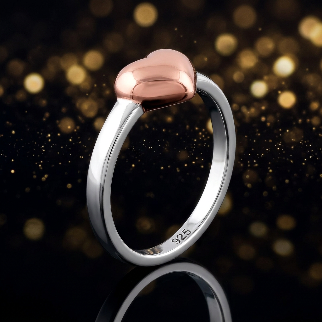 Rose Gold Plated Sterling Silver 2.1mm Two Tone Puffed Heart Ring for Women life4