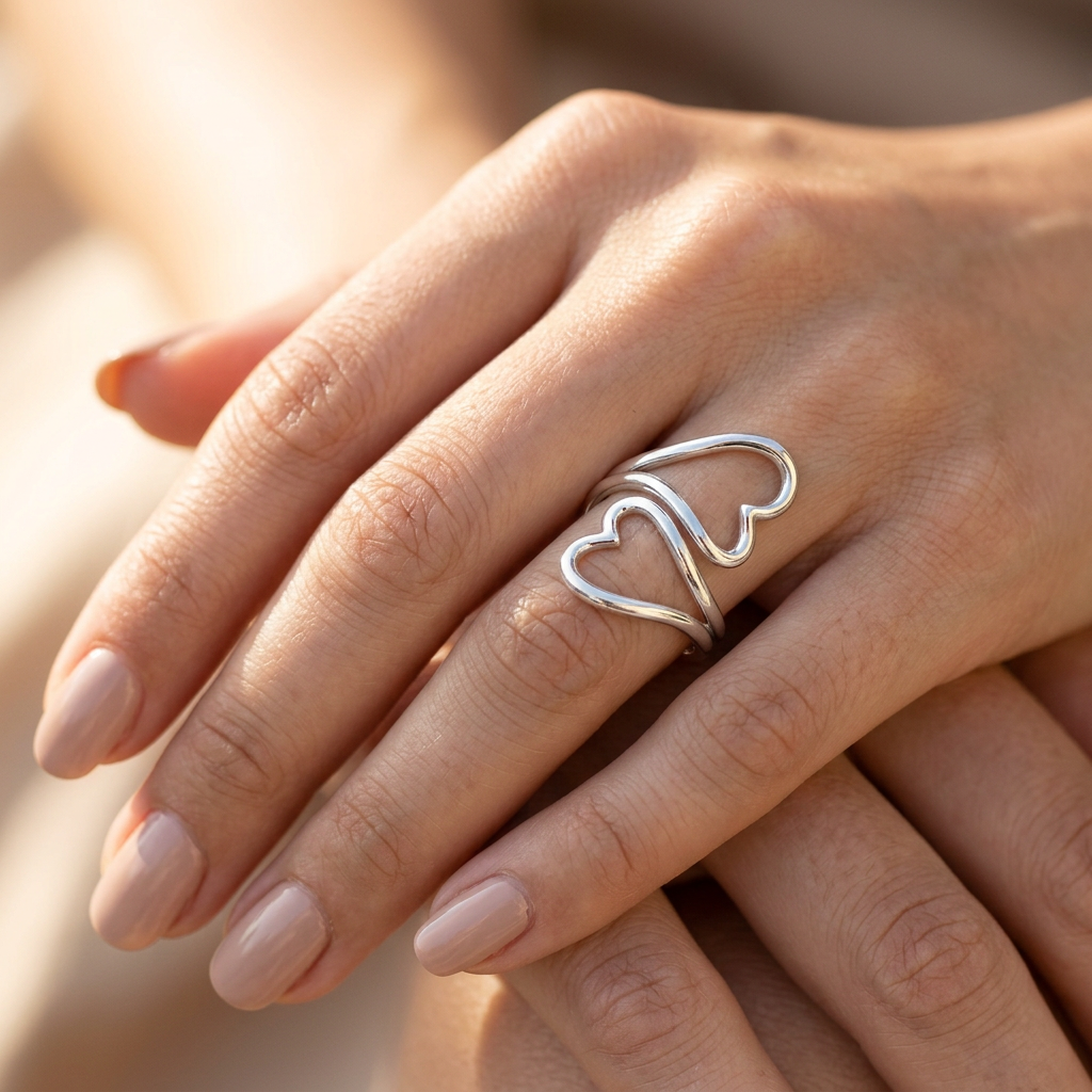 Sterling Silver 3.2mm Double Open Heart Wire Wrap Ring for Women model