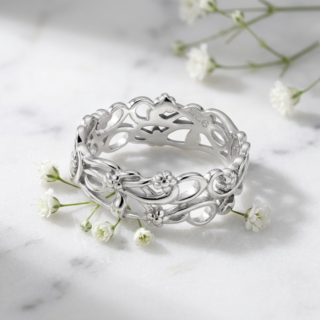 Sterling Silver 6.3mm Flower Vine Eternity Band Ring for Women life1