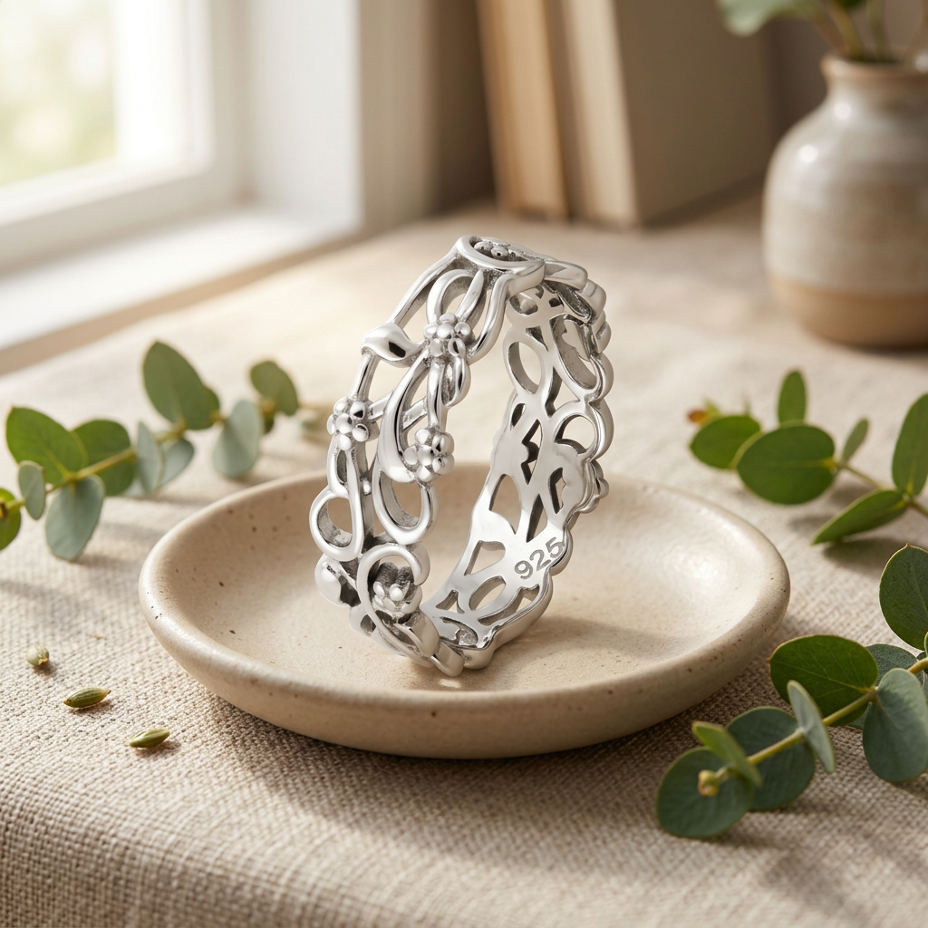 Sterling Silver 6.3mm Flower Vine Eternity Band Ring for Women life2
