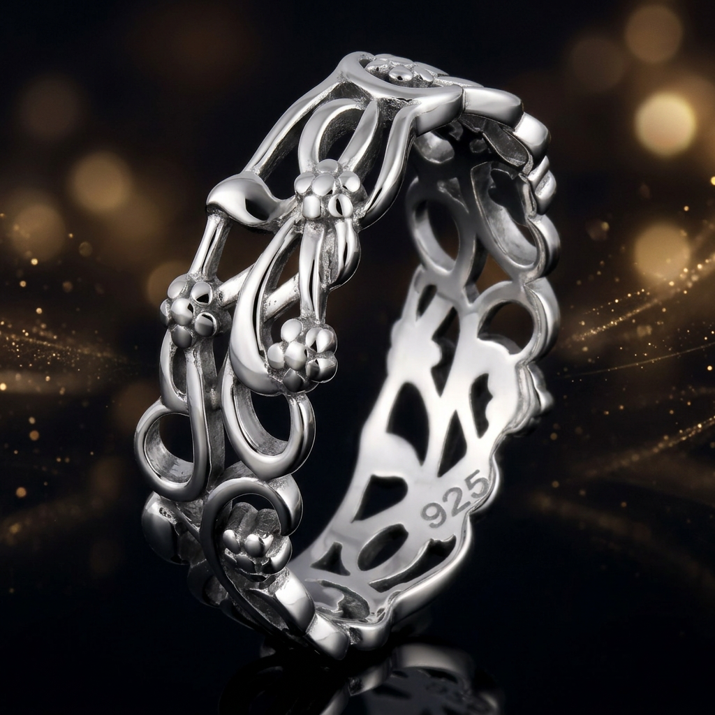 Sterling Silver 6.3mm Flower Vine Eternity Band Ring for Women life4