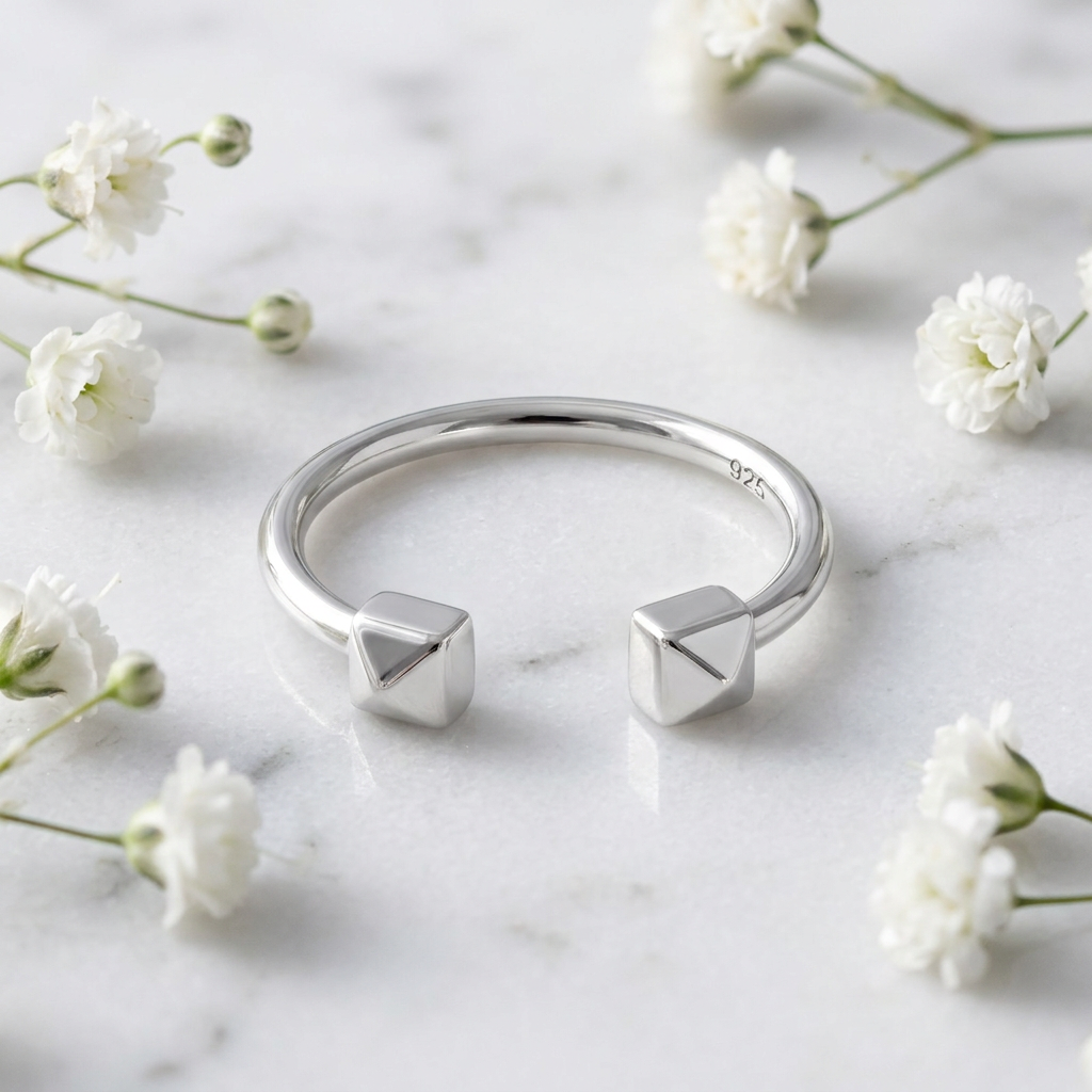 Sterling Silver Open Cuff Double Pyramid Stud Stacking Ring for Women life1