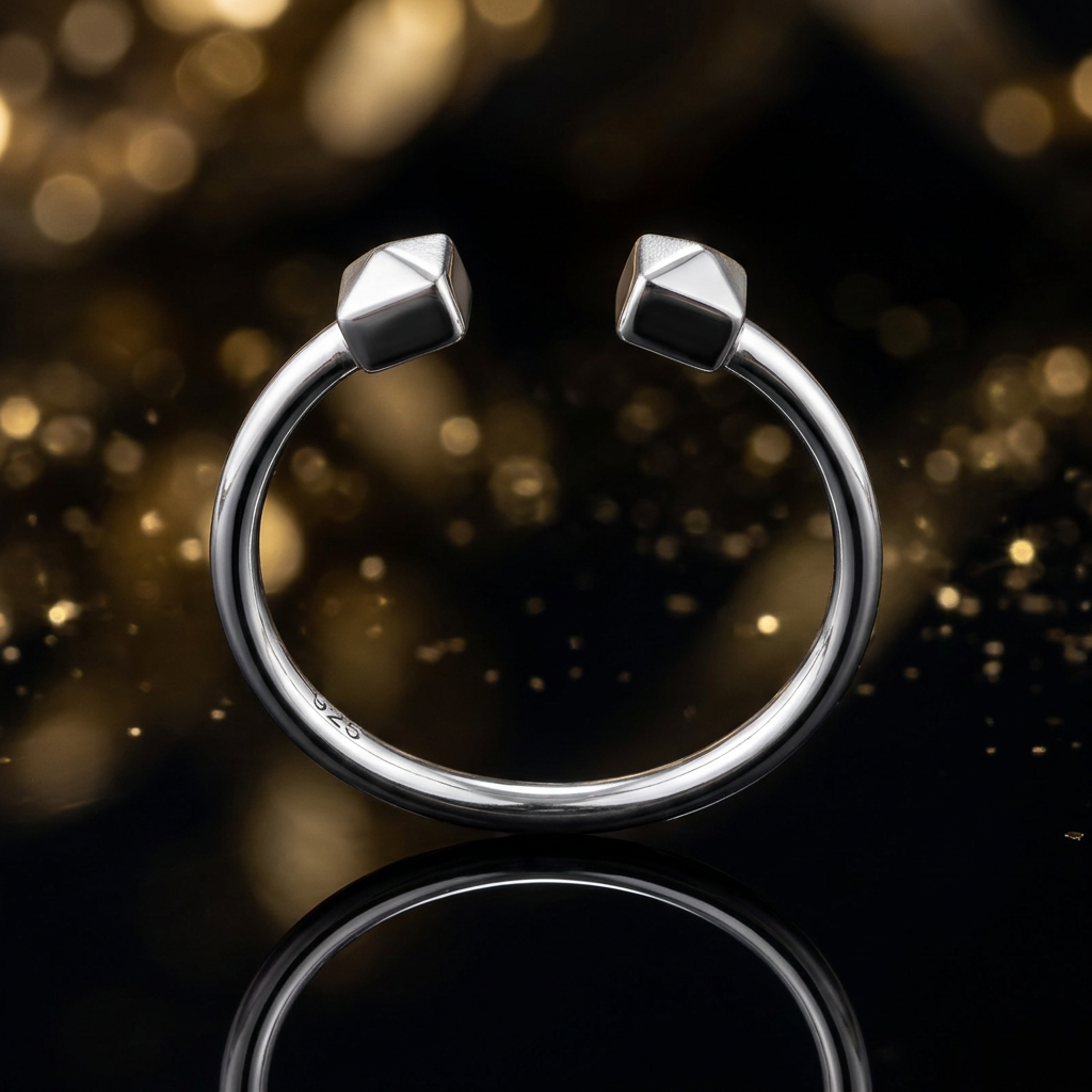 Sterling Silver Open Cuff Double Pyramid Stud Stacking Ring for Women life4