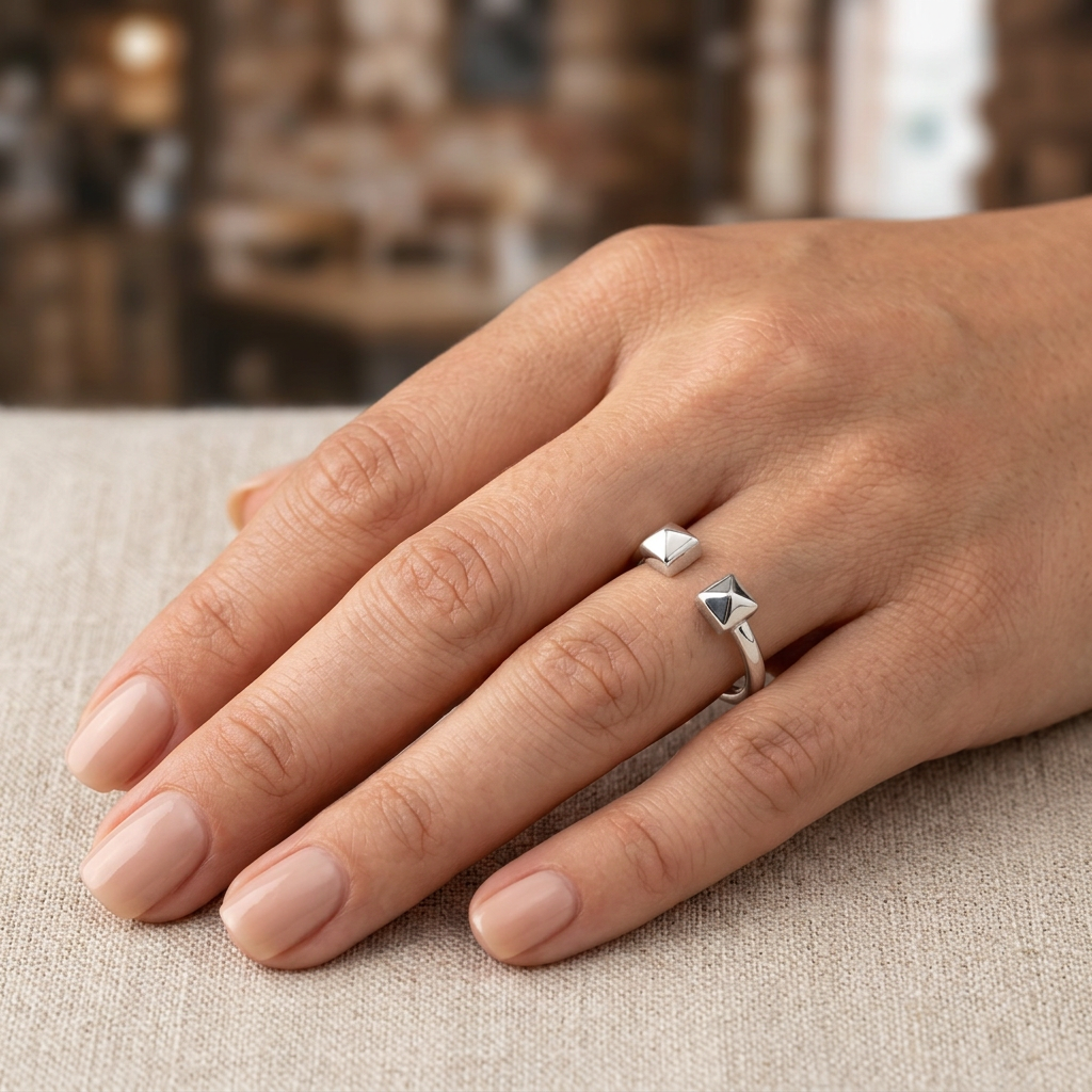 Sterling Silver Open Cuff Double Pyramid Stud Stacking Ring for Women model