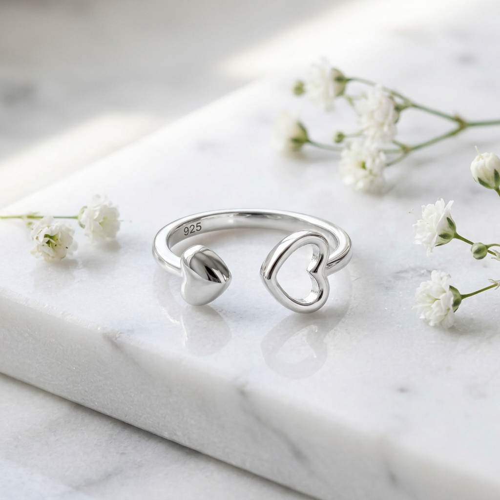 Sterling Silver 1.9mm Open Cuff Double Heart Promise Ring for Women life1