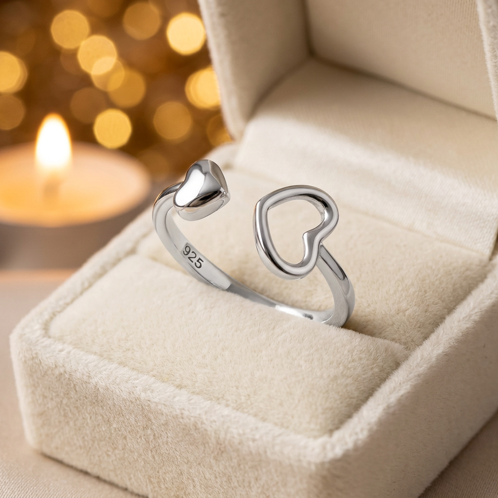 Sterling Silver 1.9mm Open Cuff Double Heart Promise Ring for Women life3