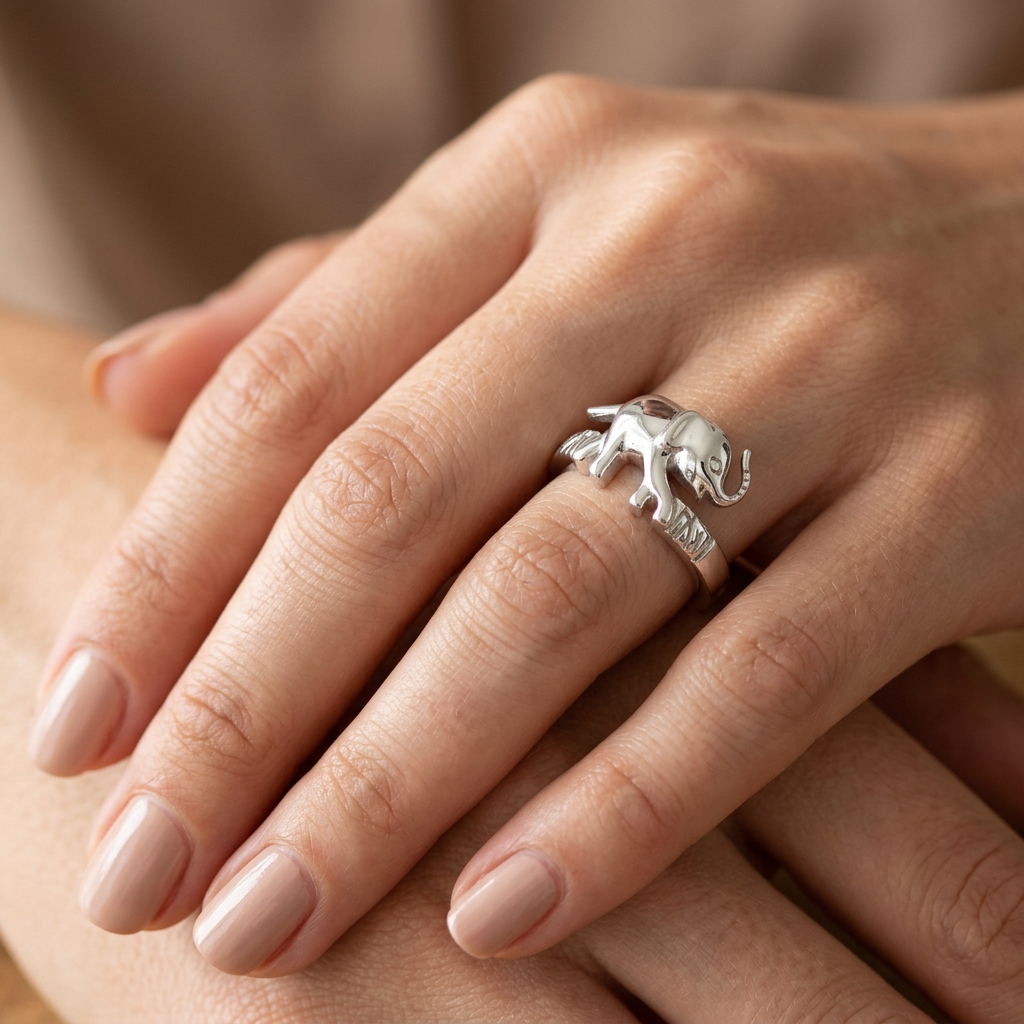 Sterling Silver Lucky Elephant Trunk Up Animal Ring for Women model