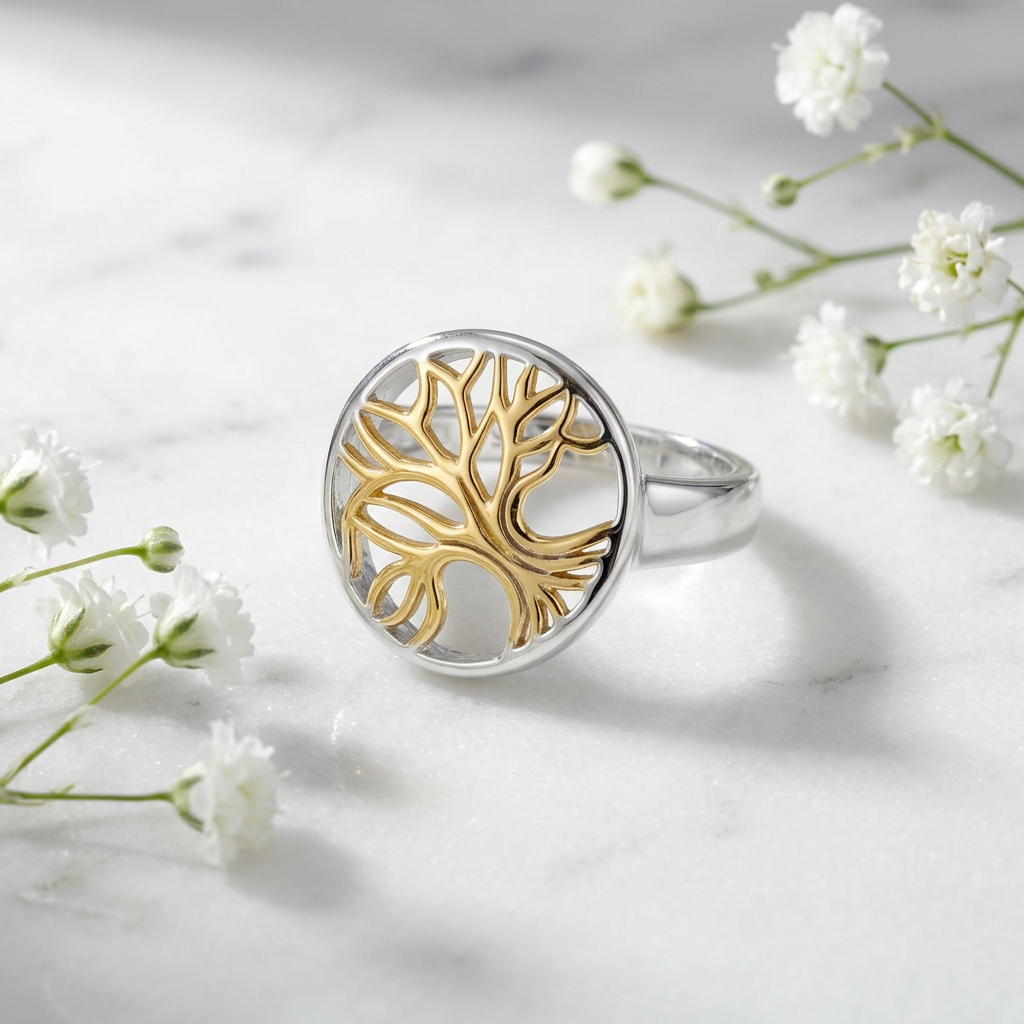 Gold Plated Sterling Silver Two Tone Tree of Life Ring for Women life1