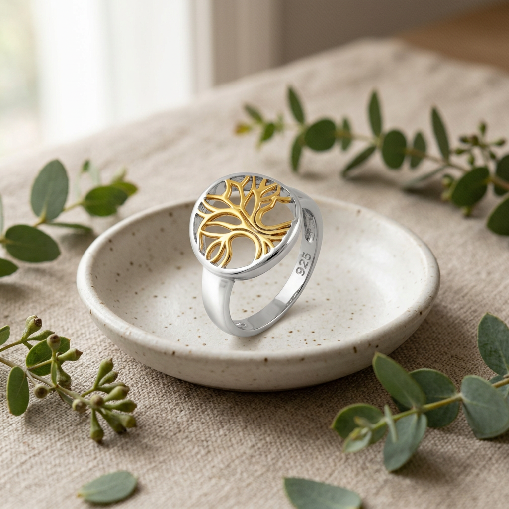 Gold Plated Sterling Silver Two Tone Tree of Life Ring for Women life2