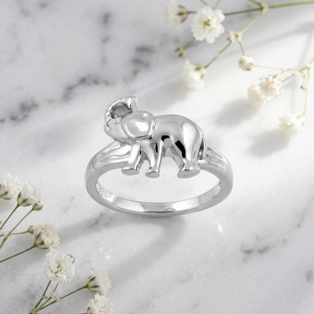 Sterling Silver Lucky Elephant with Trunk Up Animal Ring for Women life1