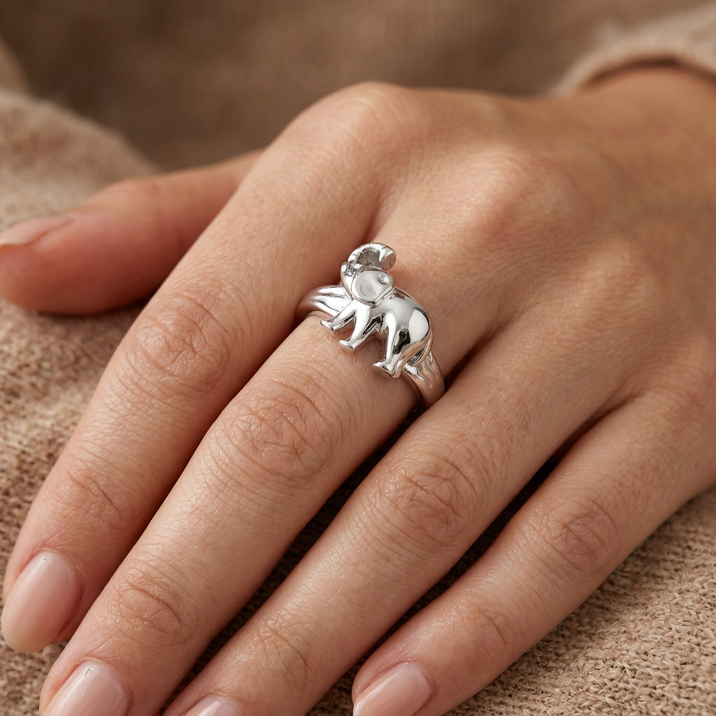 Sterling Silver Lucky Elephant with Trunk Up Animal Ring for Women model