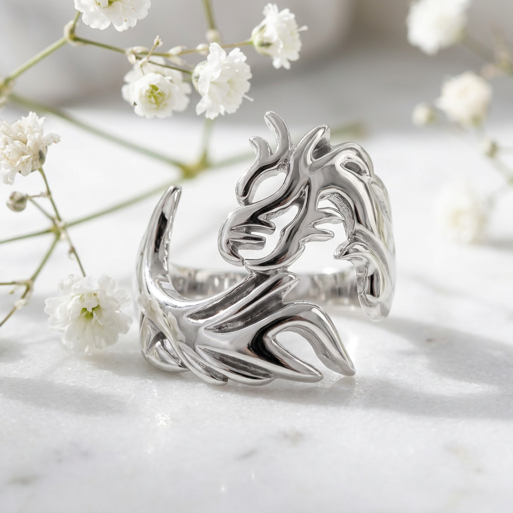 Sterling Silver 3.3mm Tribal Dragon Openwork Statement Ring for Women life1