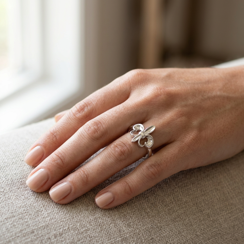 Sterling Silver 15mm Polished Fleur de Lis Ring on Slim 2mm Band for Women model