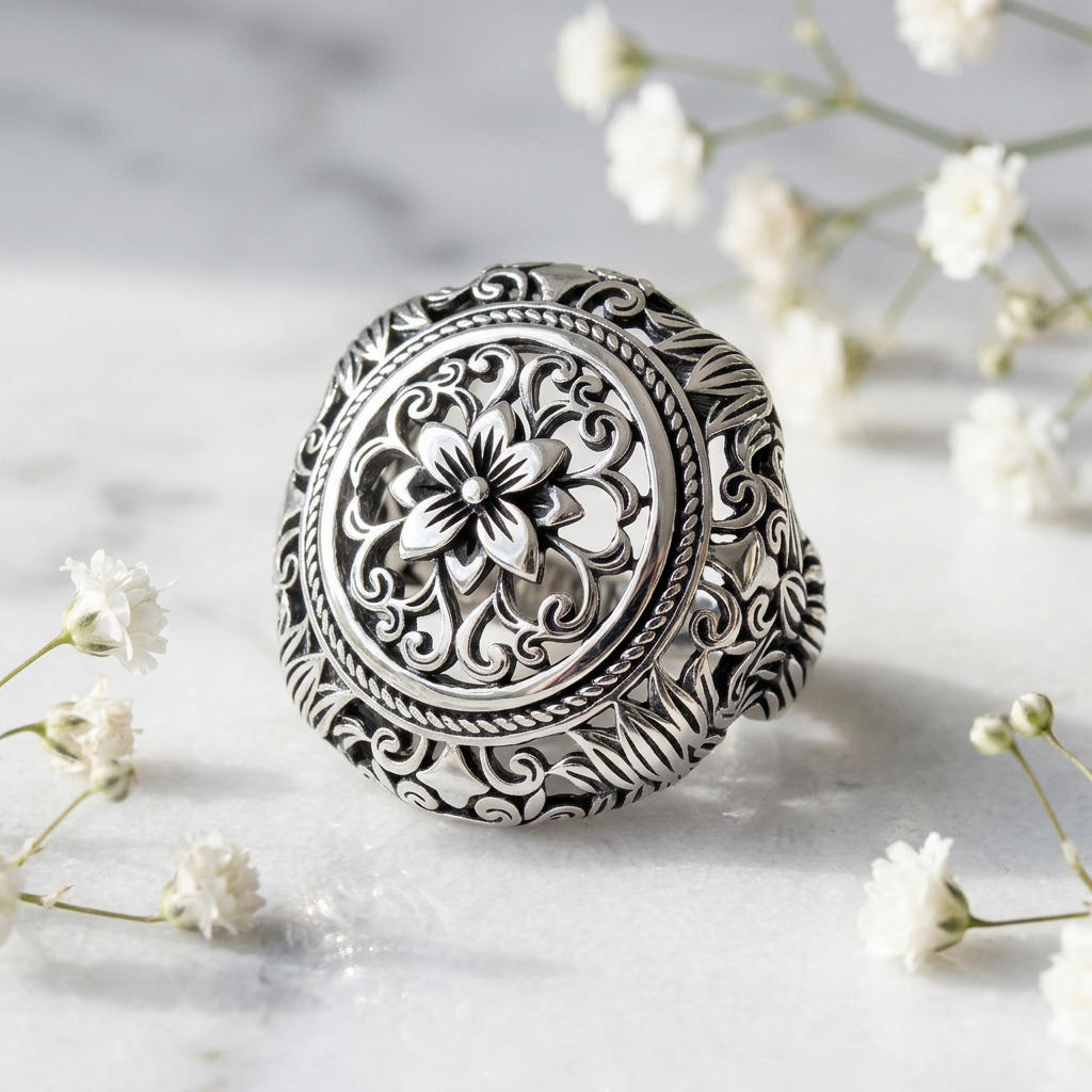 Sterling Silver Bali Filigree Flower Dome Bold Statement Ring for Women life1