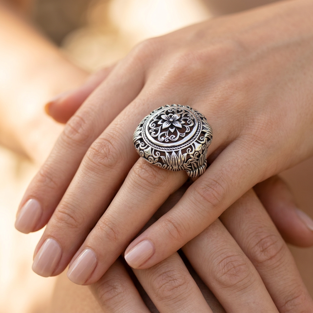 Sterling Silver Bali Filigree Flower Dome Bold Statement Ring for Women model