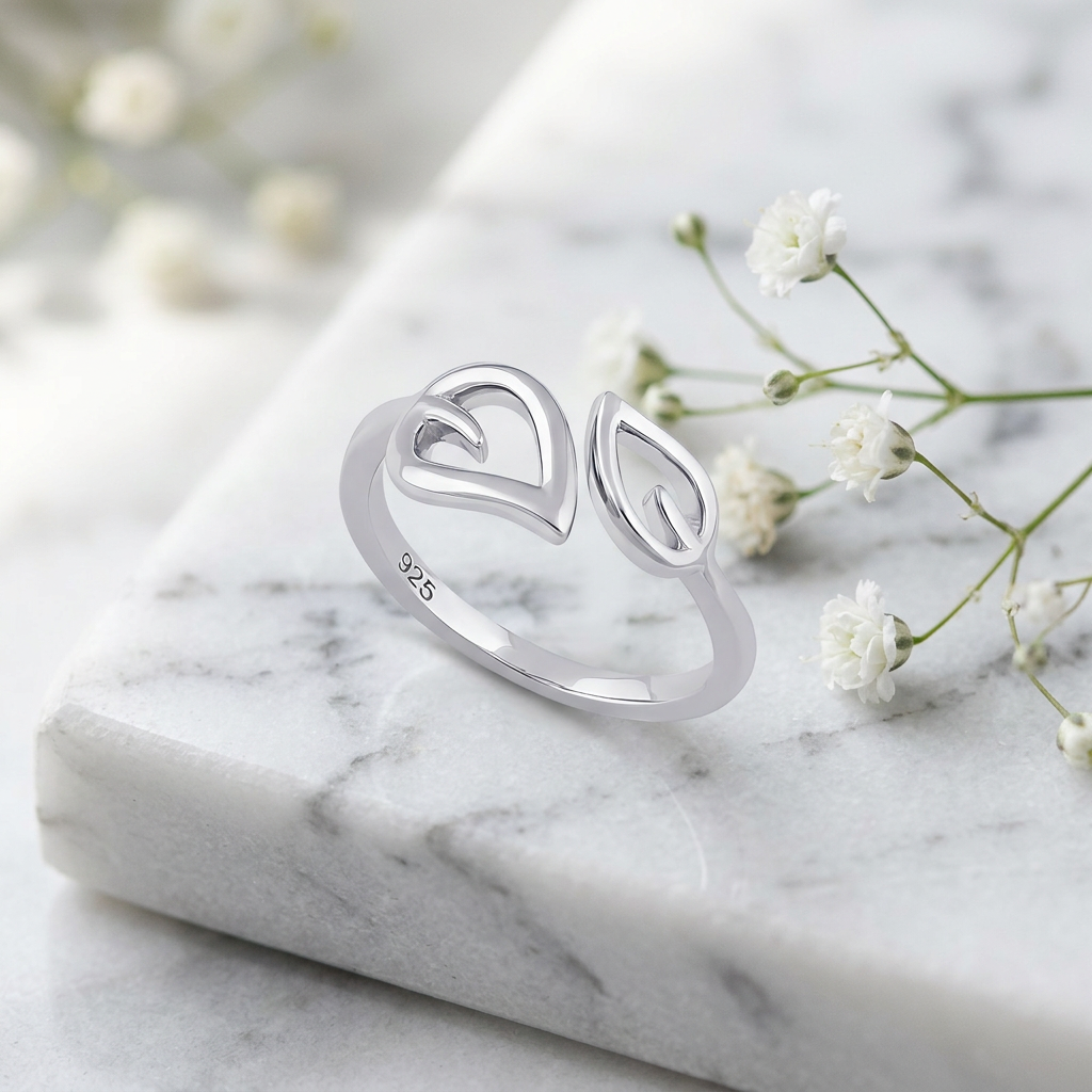 Sterling Silver 1.8mm Double Open Leaf Outline Cuff Ring for Women life1