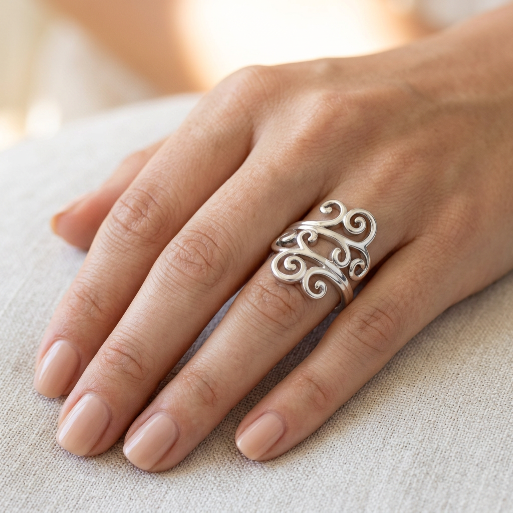 Sterling Silver 23.6mm Curling Scroll Swirl Bypass Statement Ring for Women model